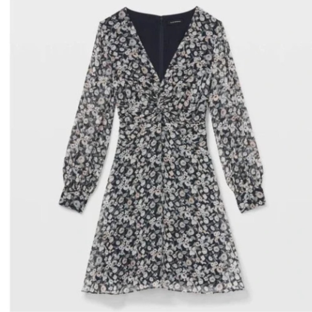 New 100% silk Club Monaco Printed floral Twist Drape Mini Dress sz 10